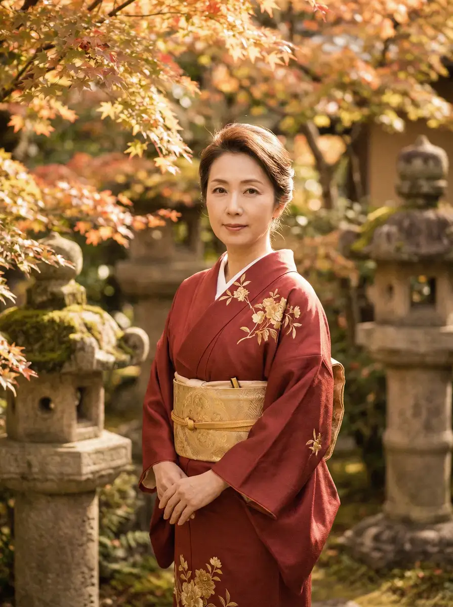 一位身穿暗红色和服的优雅 李宗瑞全套 在日式庭院中